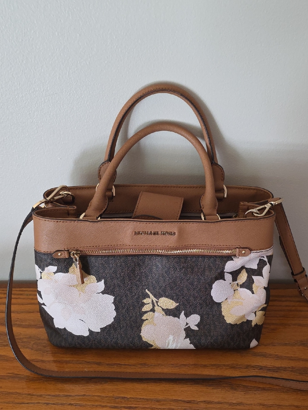 Preloved Michael Kors Floral Signature Satchel Crossbody Brown Tan PVC Leather